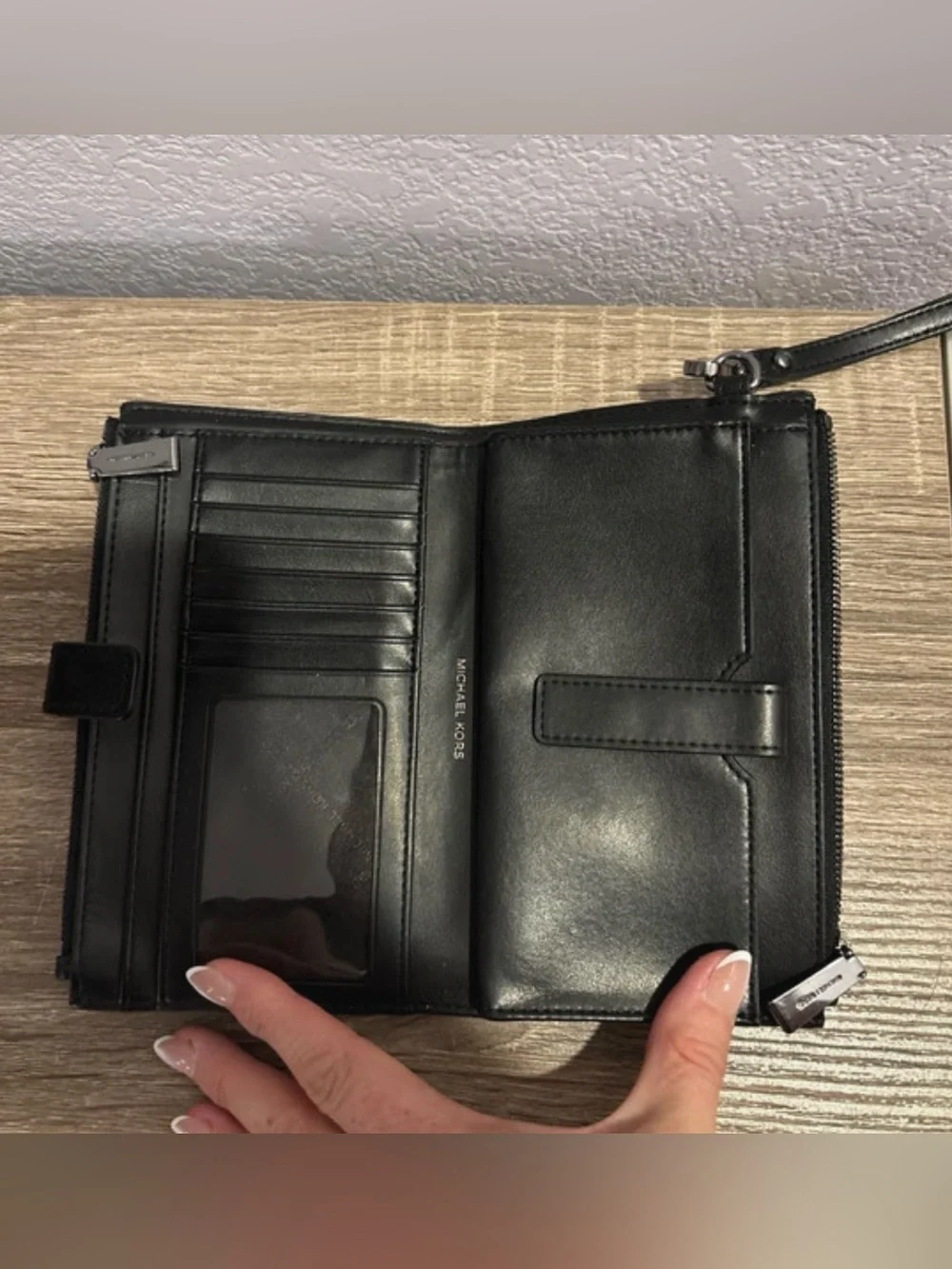 Michael Kors Black Wallet Wristlet with Leopard Accent